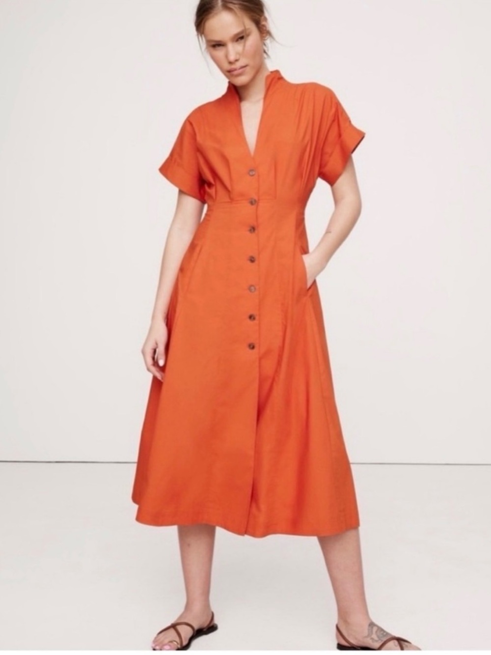 Banana Republic Orange Short-Sleeve Collared Midi Dress